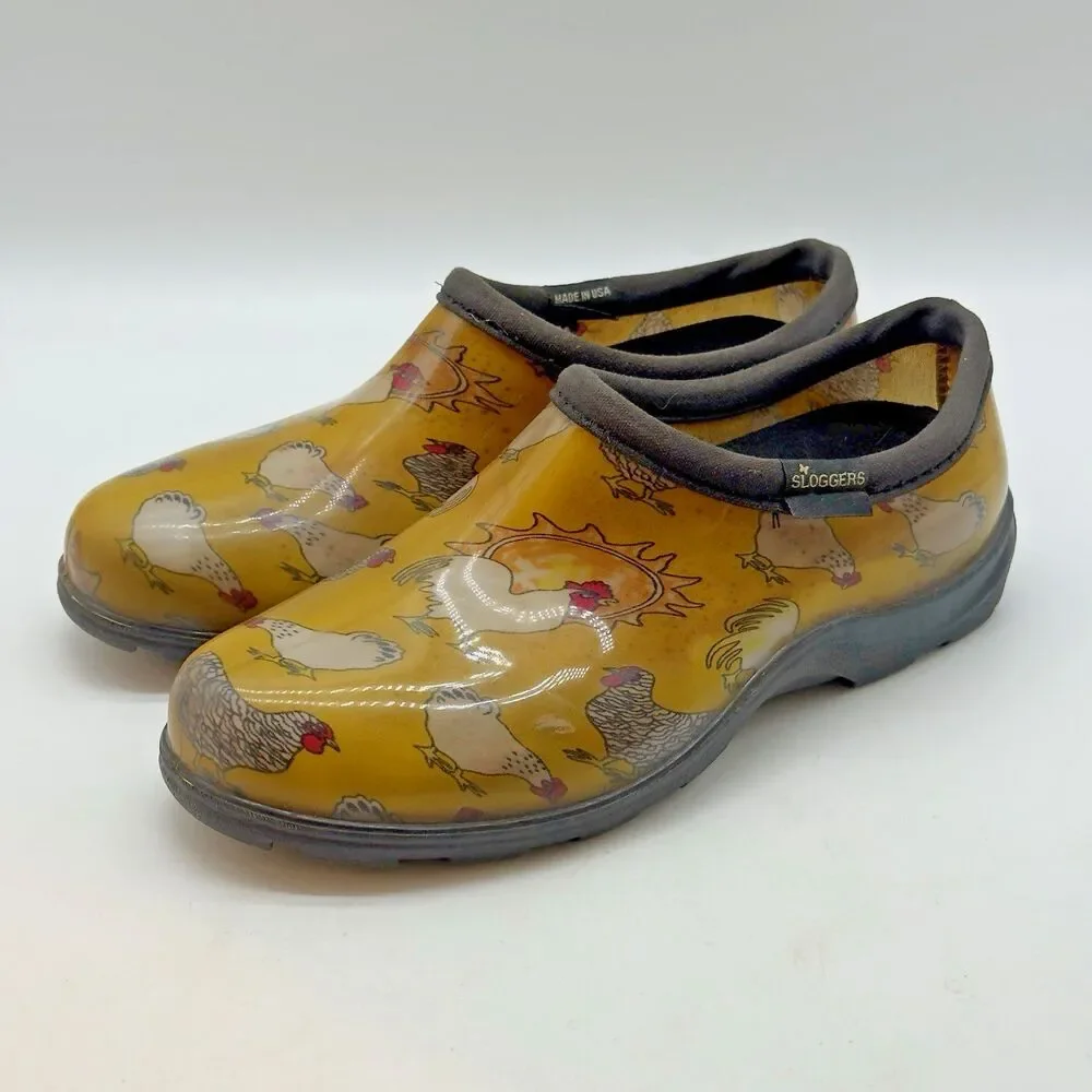 Sloggers Rain & Garden Shoes Women's 7 Waterproof Slip On Yellow Chicken Print